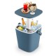 Portable blue cooler bar table with lift top lid, bottle opener, and 4-gallon capacity for camping and poolside use.