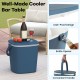 Portable blue cooler bar table showcasing a convenient handle and weatherproof design, ideal for picnics and backyard.