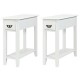 Set of two white 2-tier end tables with drawer and open shelf, perfect for narrow spaces in living room or bedroom.