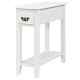 White 2-tier end table with drawer and open shelf, perfect for narrow spaces in living room or bedroom.