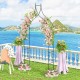 Decorative metal garden arch with floral arrangements, ideal for weddings and outdoor parties, featuring sturdy.
