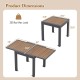 Extendable patio table dimensions showing 31.5-63 inches, accommodating 4-6 people, with a modern slatted top.