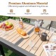 Extendable patio table showcasing a wood-like slatted top, made from rustproof aluminum, accommodating 4-6 people.