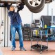 Mobile rolling cart with three layers, sturdy metal construction, and tools organized for garage or workshop use.