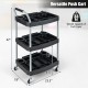 3-layer mobile rolling cart in black with sturdy metal pipes, ideal for tool organization in salons or garages.
