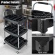 3-layer black utility cart with ergonomic handle, universal wheels, and ample storage for tools in garage or salon.