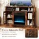 TV stand with electric fireplace in rustic brown, featuring adjustable shelves, LED lights, and space for TVs up to 40.