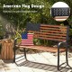 50-inch outdoor garden bench with American flag design backrest and rustic wood grain finish, ideal for outdoor spaces.