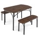 Side view of the 3-piece dining table set showcasing two benches underneath the spacious brown MDF tabletop and sturdy.
