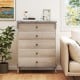 Tall farmhouse chest dresser in grey with five drawers, metal knobs, and solid rubber wood legs for stylish storage.