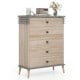 Tall farmhouse chest dresser in grey with five drawers, solid rubber wood legs, and a stylish accent for organized.