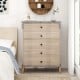 Tall farmhouse chest dresser in grey with five drawers and solid rubber wood legs for stylish storage in any room.