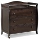 Brown baby changing table with three large drawers, safety belt, and sturdy legs for diaper changing and storage.