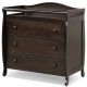 Brown baby changing table with three drawers, safety belt, and wide changing top for convenient diapering and storage.