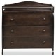 Brown baby changing table with three drawers, safety belt, and wide changing top for convenient diaper changes.