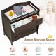 Baby changing table in brown with three drawers, safety belt, and ample storage for diapers and baby products.