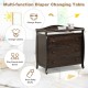 Brown baby changing table with three drawers, safety belt, and spacious top for diaper and clothes changing.