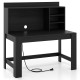 Modern black computer desk with hutch, 3 storage shelves, and built-in charging station for organized workspace.