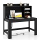 Modern black computer desk with hutch, featuring storage shelves, built-in charging station, and ample workspace.