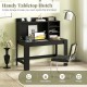 Modern black computer desk with hutch, featuring storage shelves and built-in charging station for organized workspace.
