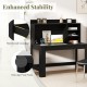 Modern black computer desk with hutch, featuring reinforced crossbar and non-slip foot pads for stability and.