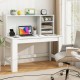 Modern white computer desk with hutch and storage shelves, featuring a built-in charging station for organized.