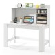 Modern computer desk in white with hutch, storage shelves, and built-in charging station for organized workspace.