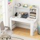 Modern computer desk with hutch and storage shelves in white, featuring a raised display shelf and built-in charging.