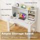 Modern white computer desk with hutch, featuring a wide desktop and 3-layer storage shelves for organization.