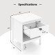 White 2-tier wood nightstand with a drawer and open shelf, featuring dimensions and specifications for bedroom use.