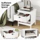 White 2-tier wood nightstand featuring a pull-out drawer and open storage shelf, perfect for bedroom organization.