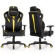 Ergonomic gaming chair in yellow with adjustable height, reclining backrest, and 3D armrests for customizable comfort.