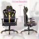 Ergonomic gaming chair dimensions with adjustable height, reclining backrest, and yellow accents for customizable.