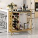 Freestanding golden wine rack with 21 bottle holders and glass holder, ideal for kitchen or dining room storage.