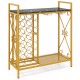 Freestanding wine rack with golden metal frame, 21 bottle holders, and glass holder, ideal for dining room or kitchen.