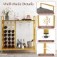 Freestanding golden wine rack with 21 bottle holders and glass holder, featuring adjustable footpads for stability.