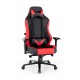 Ergonomic 360° swivel computer chair in red and black with adjustable 4D armrests and lumbar support for office use.