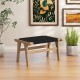 Teak wooden footstool with handwoven cordage, featuring smooth edges, ideal for indoor and outdoor seating.