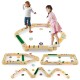 Montessori balance beam set featuring wooden balance boards and colorful stepping stones for imaginative play and motor.