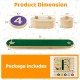Montessori balance beam set showing dimensions and included pieces, designed for safe and imaginative play for kids.