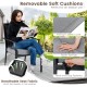 Stackable rattan armchair with removable grey cushions, featuring a breathable seat fabric for comfortable outdoor use.