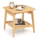 Boho bamboo sofa side table with faux rattan storage shelf, featuring a natural finish and elegant curved design.