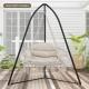 Hand-woven rope hanging chair in beige with thick cushion, featuring a sturdy folding metal frame for versatile.