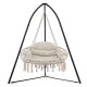 Hand-woven rope hanging chair in beige with thick cushion and folding metal frame, perfect for versatile indoor or.