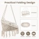 Hand-woven rope hanging chair in beige with thick cushion, featuring a practical folding design for easy storage.