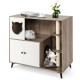 Cat litter box enclosure with scratching posts, natural wood finish, features play area and private potty space for.