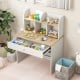 Kids wooden study desk with hutch and drawer, featuring diverse storage options and rounded edges for safety.