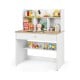 Kids wooden study desk with hutch, showcasing a pull-out drawer and vibrant toys, ideal for play and study activities.