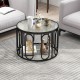 Round coffee table with reeded tempered glass top, black oval swivel brackets, and ample storage for living room.