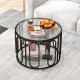 Round coffee table with reeded tempered glass top, black finish, featuring 2-tier storage for a tidy living room.